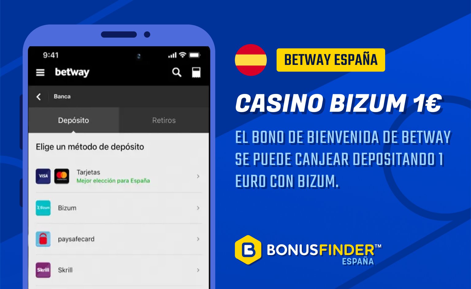 Métodos de depósito en Betway España. Puedes hacer depósitos con Bizum a partir de un euro.